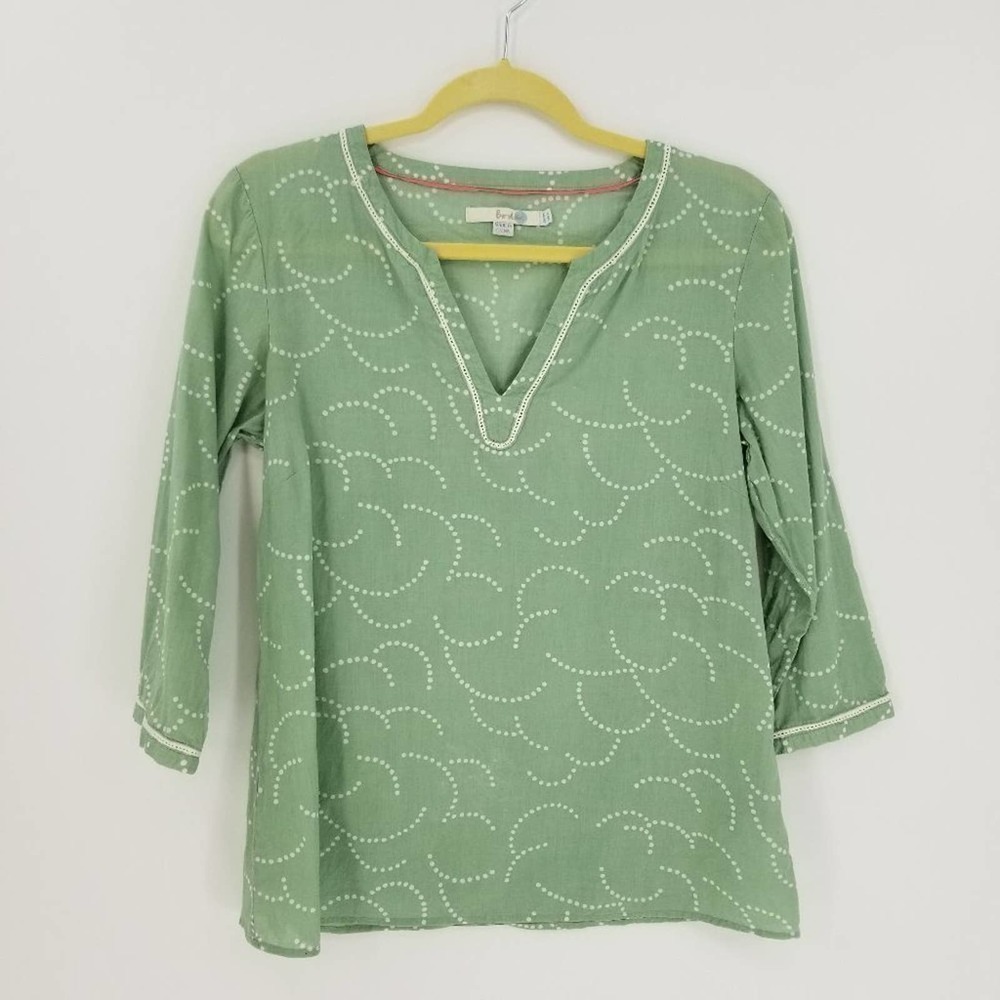 Boden V-Neck Crinkle Cotton Polka Dot Crescent Pattern 3/4 Sleeve Tunic Size 6